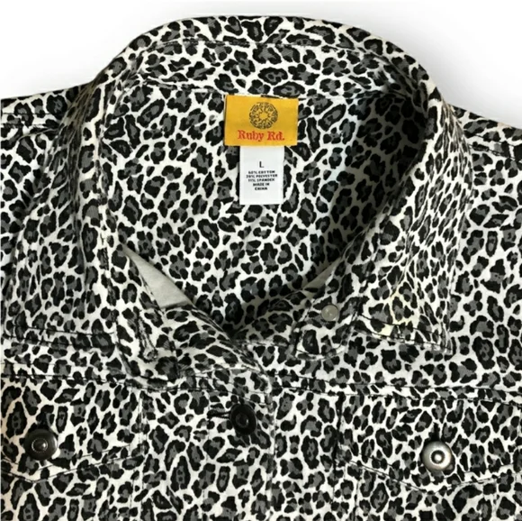 RUBY RD Grey Black Leopard Print Button Front Stretch Denim Jacket EUC! - Picture 9 of 9